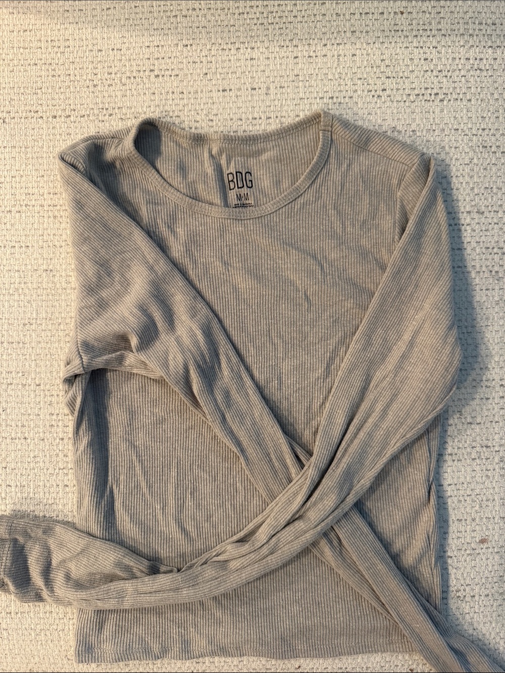 BDG Neutral Ribbed Long-Sleeve Crew Top in Light Gray